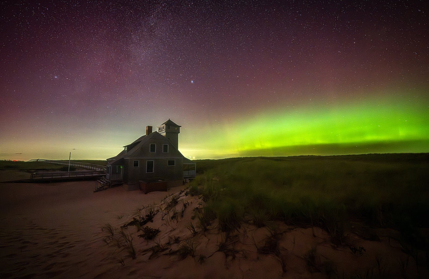 Aurora over old Harbor Life Saving Station II - Allie Richards Photography