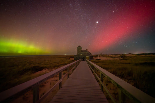 Aurora over old Harbor Life Saving Station - Allie Richards Photography