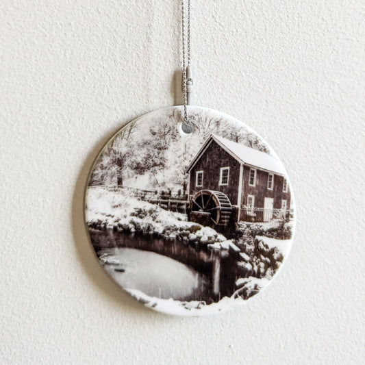 Snowy Stony Brook Mill Ornament - Allie Richards Photography